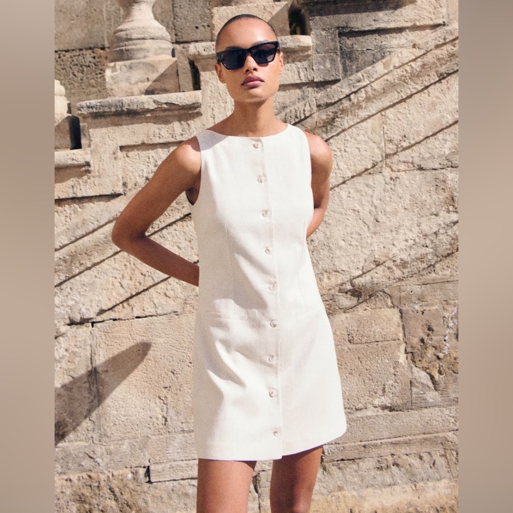 MANGO SHORT BUTTON-DOWN LINEN-BLEND DRESS (Ecru)
